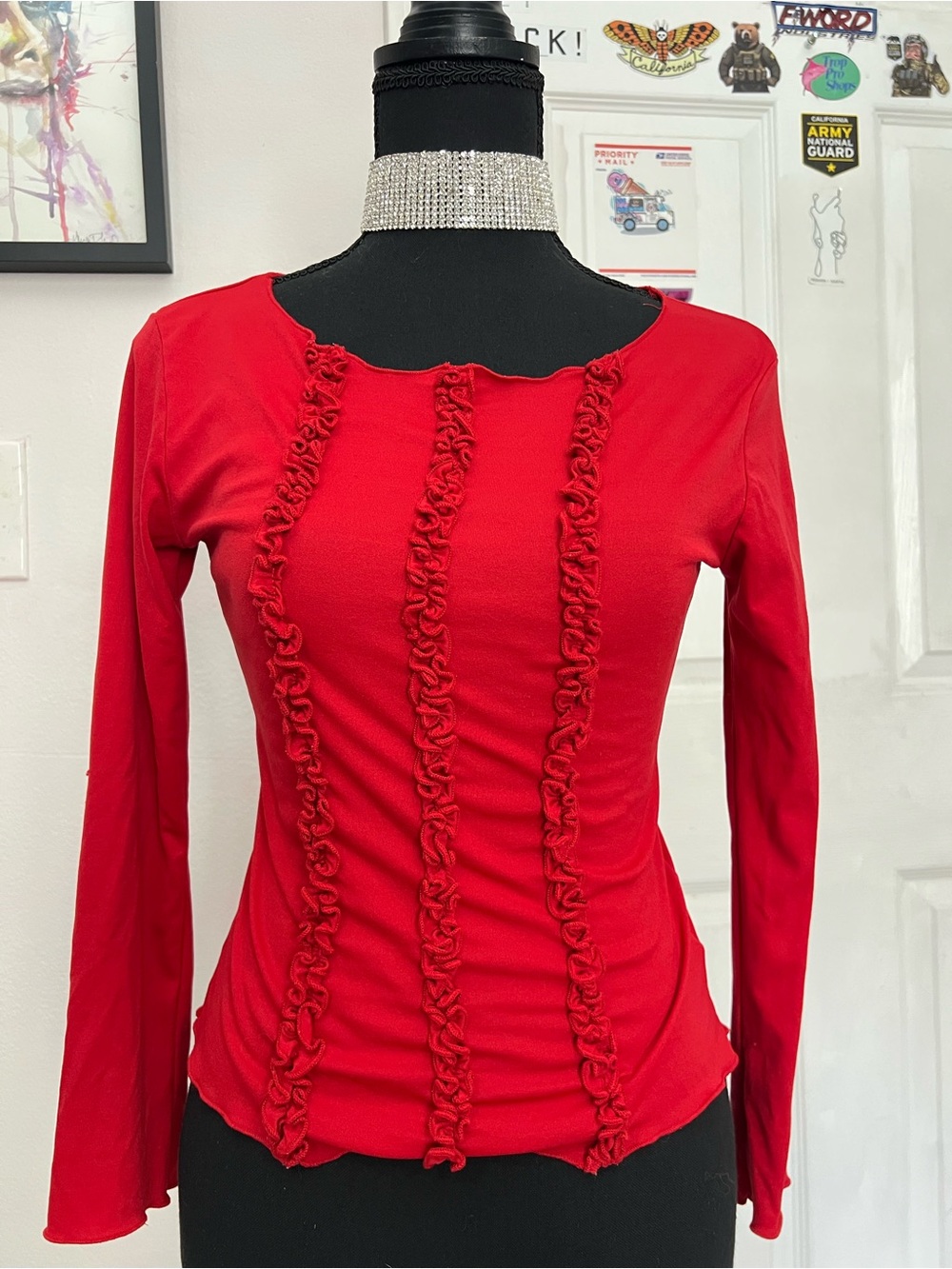 Early 2000s Red Ruffle-Front Long Sleeve Women's Top